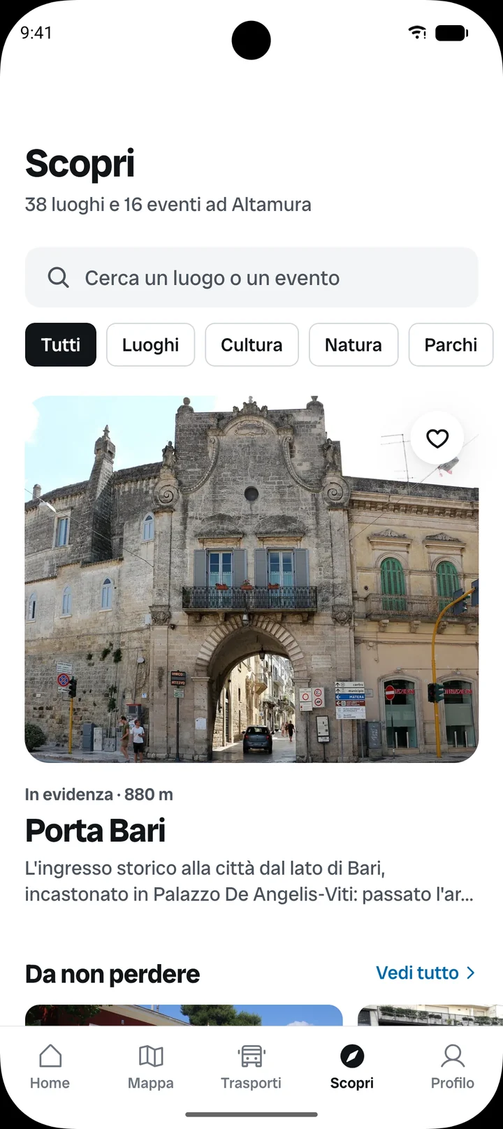 La sezione Scopri con la foto di Porta Bari e le categorie